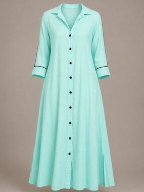 AULI Mint Linen Button-Front Maxi Dress by Subhai Apparel
